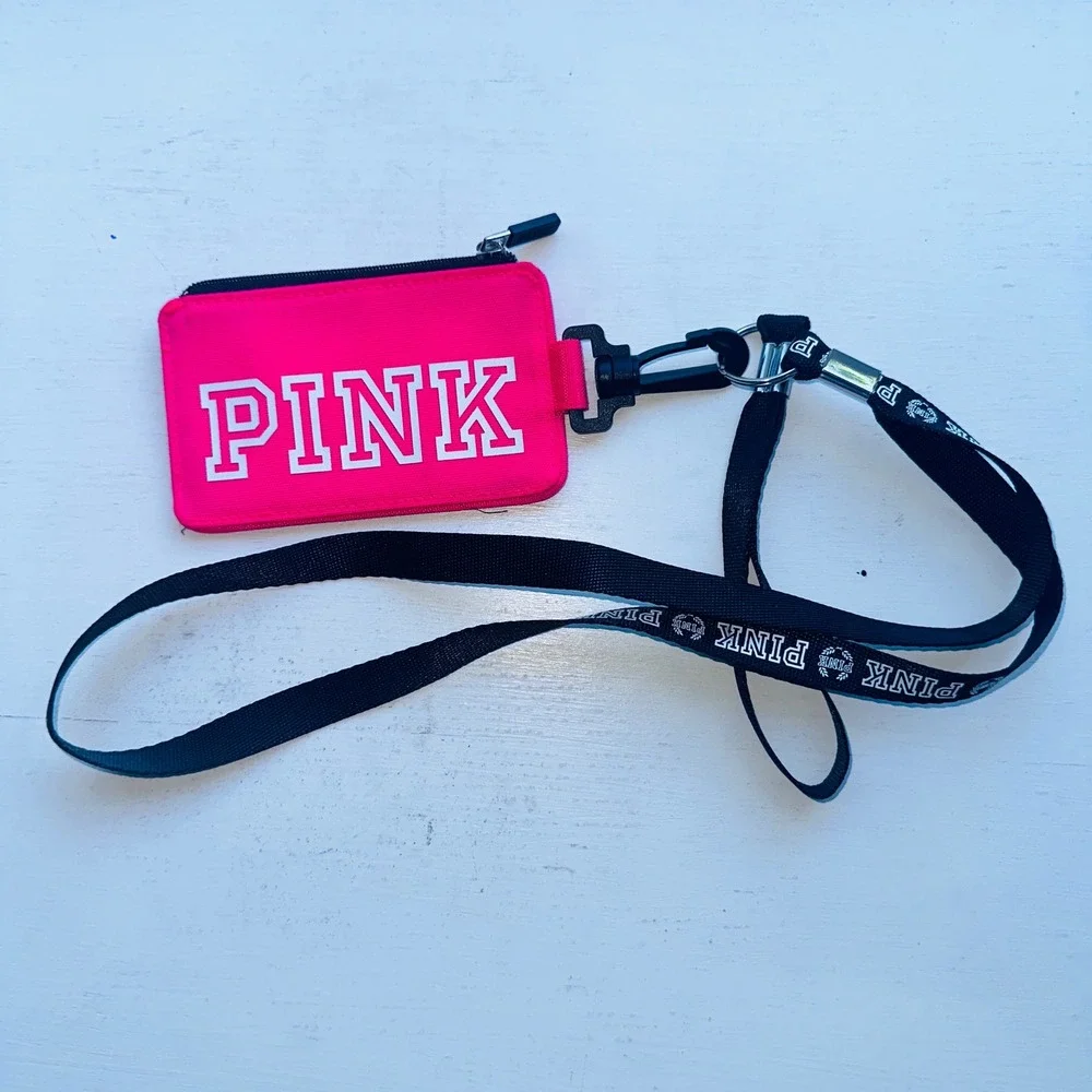 Pink Victoria's Secret Lanyard ID Case Wallet Neon Pink Gray Zipper Card Holder